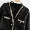 Vintage vrouw parel knop v-hals tweed jas mode dames herfst single breasted jas vrouwelijke elegante warme uitloper 210515