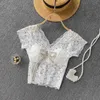 Sexy lace tops feminino moda de verão v pescoço manga curta diamante prego bead camisa blusa s783 210527