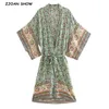 BOHO Localização Floral Impressão Longa Kimono Camisa Verde Hippie Mulheres Laço Curva Sashes Cardigan Blusa Solta Tops Holiday 210429