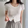 Korejpaa Women T-Shirt Summer Korean Chic Niche Basic Round Neck Careful Machine Button Design Slim Short-Sleeved Tops 210526