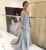 Elegant Blue Silver Mother of the Bride Dresses Long Sleeves V Neck Godmother Evening Dress Wedding Party Guest Gowns New Plus Size