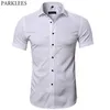 Erkek Elastik Bambu Elbise Elbise Gömlek Yaz Kısa Kollu Gömlek Erkekler Casual Marka Iş Işi Gömlek Camisa Masculina 210628