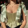 MHCMBSBS Sexy Bow Bandage Tee Shirt Women Elegant Fairy Ruffles Camis Green Strap Tank Top Summer Ruched Sleeveless Y2K Clothes 210517