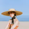 Sombreros de ala ancha Mujer Rafia Boater Hat 15 cm 18 cm Paja Flat Summer con blanco Negro Cinta Tie Sun Beach Cap