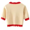 Женщины вязаные однобортные кнопки кардиган вышивка свитер ретро открытый пупок короткий трикотаж рукава джемпера вершины 210429