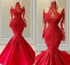 Plus Size Red Mermaid Brautkleider 2022 Illusion Long Sleeves Lace Vestido De Noiva High Neck Formale Brautkleider