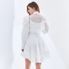 TWOTWINSTYLE White Elegant three Piece Set For Women Stand Collar Long Sleeve Patchwork Lace Shirt High Waist Skirt Female Sets 210517