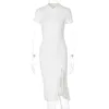 Dam Elegant Polo Collar Ribbed Solid Slim Oregelbunden Klänning Sommar Kortärmad Singelbröst Split Sexig Vestidos Kvinna 210517