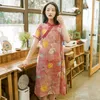 Johnature Chinese Style Print Floral Dresses For Women Ramie Stand Short Sleeve Cheongsam Summer Female Vintage Dress 210521