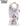 TRAF Mulheres Chic Moda Floral Impressão Ruffled Lace Mini Vestido Vintage V Pescoço Backless Zipper Dresses Vestidos 210415