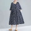 Johnature Casual Clothes Summer Dress Loose Dot Short Sleeve Pockets O-neck Korea Style Black Color Women Dress 210521