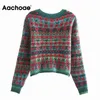 Aachoee Women Floral Cardigan Cardigan Camisola Pescoço Pescoço Elegante Cropped Tops Lady Manga Longa Suéter Pull Femme Hiver 210413