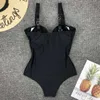 Sexy V Neck Solid Vintage Push Up Swimsuit Ladies Monokini Bodysuit Swimwear Women Swim Bathing Suit Trikini 210712