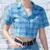 Vintage Chic Plaid Blouse Shirt Kvinnor Knapp Kontrollera Blue Crop Tops Feminin Blus Chic Streetwear Camisas Summer 210415