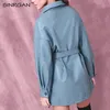 Nankey Blue PU Vestido corto de cuero con cinturón Mujeres de gran tamaño Streetwear Chaqueta Ropa Hebilla única Otoño Invierno Trajes 210409