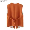 Zevity Women Simply Sleeveless Single Breasted Orange Vest Jacket Office Lady Slim Suit WaistCoat Pockets Outwear Tops CT682 210603