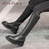 Plataforma de couro genuína plataforma alto joelho botas de mulher sapatos zip chunky saltos senhoras outono inverno preto 210517