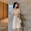 French Summer Women's Elegant Slim Hollow Out Party Diamond Beaded Mesh Lace Vintage High Quality Dress Vestido 210529