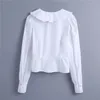 Femmes élégantes solide blanc Patchwork chemises mode dames perle bouton hauts Streetwear femme Chic volants Blouses 210430