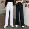 Jielur Yüksek Waisted Pantolon İpli M-XL Geniş Bacak Pantolon Kadın Serin Siyah Beyaz Rahat Harajuku BF Sweatpants Pantolon 211006