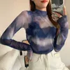 YEDINAS TIE DYE MESH TOPS SEXY TURTLENECK SUMMERT-T-SHIRT KVINNOR FJÄRR SE SE THE LONG SLEEVE TSHIRTS Y2K FASHION T SHIRTS 210527