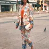 Xeasy Vrouwen Tweedelige Set Bloem Print Vintage Office Lady Blazer Vrouw Streetwear Elastische Hoge Taille Broek Suits 210930