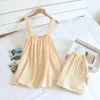 Summer Style Ladies Pajamas Two-piece 100%Cotton Crepe Suspender Shorts Vest Suit Sweet And Loose Home Service Sexy Pjs 210809