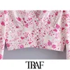 TRAF Women Fashion With Buttons Floral Print Cropped Blouse Vintage Deep V Neck Long Sleeve Female Shirts Chic Tops 210415