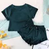 HECHENE GROENE BRUINE VROUWEN LECHTHODWAAR 2 STUK SET ROND NEEK KORTE MOUW TOP SAST LOSSE BROEK SATIN HOME DRAAG CASUAIRE PUSTENS SETS