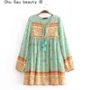 Chu Sau beauty Summer Boho Vintage 5 Colour Floral Print Loose Mini Dress Holiday Tassel Beach Cotton Dresses Female 210508