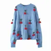 Foridol Handgjorda Cherry Sweater Kvinnor Vintage Crochet Blå Pullovers Höst Vinter Streetwear Casual Oversized Sweater 210415