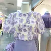 Korobov Purple Print Puff Krótki Rękaw Kobiety Bluzki Wiosna Lato Nowy O Neck Koszulki Koreańskie Biuro Lady Blusas Mujer 210430