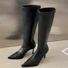 Сапоги осень зима женщин колена высокая современная мода заостренный носок тонкие каблуки туфли женские ZIP повседневные дамы высокие