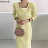Zomer vintage vrouw jurk vierkante kraag koreaans chic casual maxi jurken vrouwelijke elegante slanke vestidos 210519