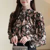 Stand Collar Loose Print Floral Chiffon Shirt Women Korean Plus Size Blouse Big Sleeves Casual Top Female Blusas 8281 210512