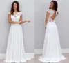 Bohemian White Wedding Vestidos Rendas Chiffon Aberto De Volta Com Cap Sleeves Sheer Pescoço Varredura Trem Barato Praia Nupcial Vestidos de Noiva 2021