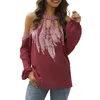 Plus Size Chiffon Shirt Women Sexy Off Shoulder Hollow Out Feather Print Casual Loose Blouse Autumn O Neck Long Sleeve Tops 210522