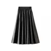 Ladies PU Fur Faux Leather Midi Skirts Winter Solid Fashion Pleated High Waist Vintage Long Skirt For Womens Fall