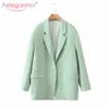 AELEGANTMIS Koreański Office Lady Blazer Jacket Kobiety Zielony Vintage Luźny Dorywczo Garnitur Kobiet Pracy Ol Chic Coat 210607