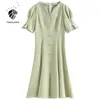 FANSILANEN Ruffle elegant green plaid dress Women v neck puff sleeve vintage midi Autumn winter slim sexy office 210607
