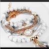 Beaded, Drop Delivery 2021 Fashion Jewelry Bracelets Set 4Pcs/Set White Bead Strands Gold Heart Aessory Tassel Charm Rope Bracelet With Round