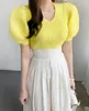 Puff Sleeve Vネックニットプルオーバーセーター女性夏の韓国のソリッドスリムなファッション女性ジャンパートップスFemme 210513