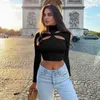 CNYISHE Elegant Pure High Neck Ribbed Knitted T-shirt Women Winter Sexy Cut-Out Long Sleeve Crop Top Female Black Tee Shirt 210419
