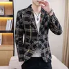 Plaid Blazers Men Slim Fit Business Casual Suit Jacket Korean Wedding Social Office Dress Coat Streetwear Costume Homme 211120