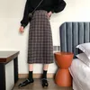 Sztoduroy Vintage Plaid Drukuj Długie Spódnice Kobiety Elastyczna Wysoka Talia Koreański Zimowy Zagęścić Ciepłe Brązowe Streetwear MIDI 210421