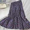 Floral Print Long Pleated Skirt Women Fashion Spring Summer All Match Korean Casual High Waist Female 210519