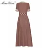 Мода дизайнерское платье лето женское платье золотая линия вышивка поворотный воротник точек винтажные кружевные тонкие платья 210524
