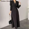 High Waisted Maxi Dresses for Women Long Sleeve Double Breasted Chic Korean Fashion Notched Vestido De Mujer Elegant Vintage Y2k Y1204