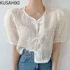 Chic pajarita blusa camisa coreana Puff manga cuello redondo Mujer Tops verano dulce corto Blusas De Mujer 6J003 210603