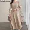 Номикума тонкий талия элегантное плиссированное платье женщины сплошной цвет с длинным рукавом линия платья осенью корейский стиль Vestidos 3C665 210514